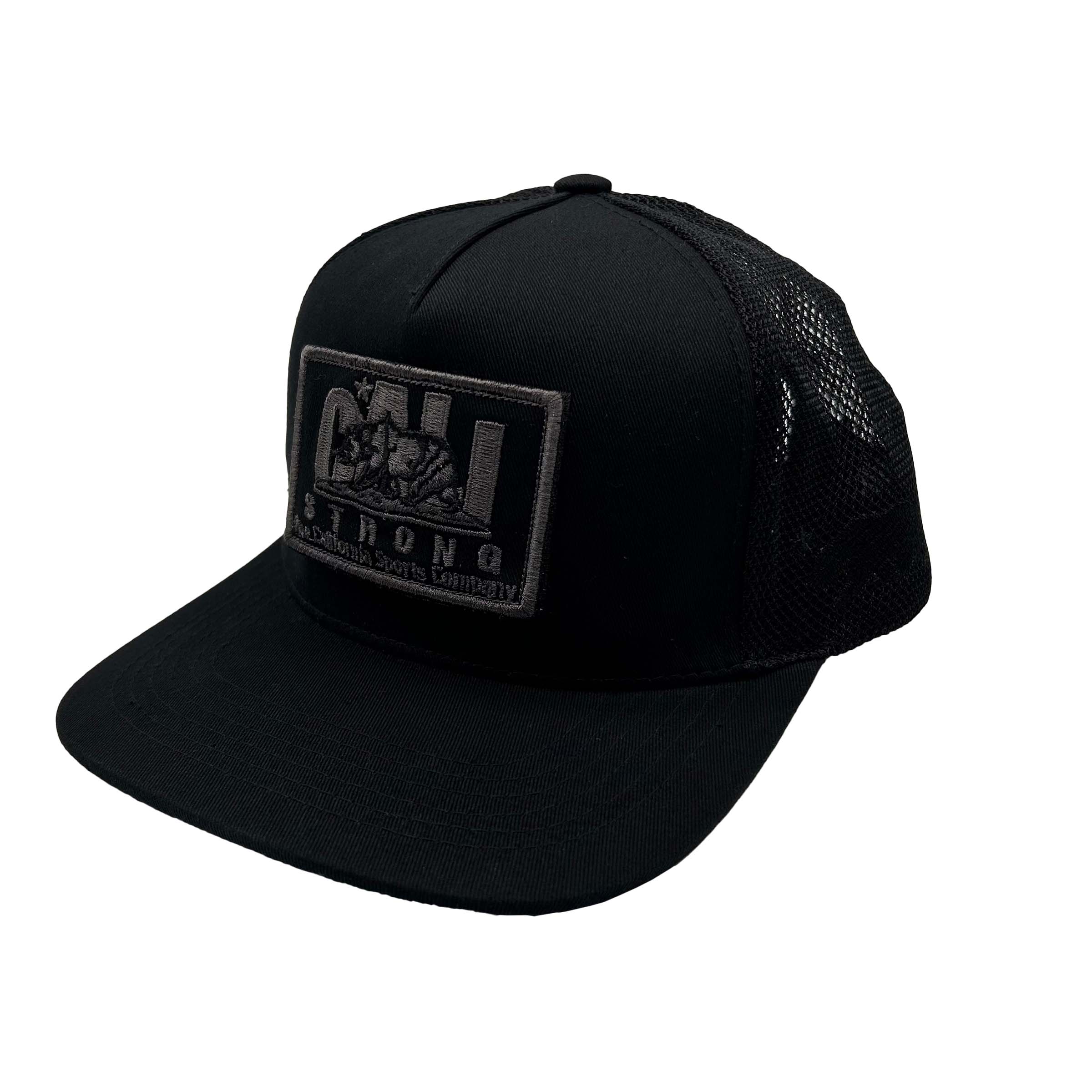 CALI Strong Original Tactical Trucker Hat Flat Bill Morale Patch Black Dark Grey - Headwear - Image 1 - CALI Strong