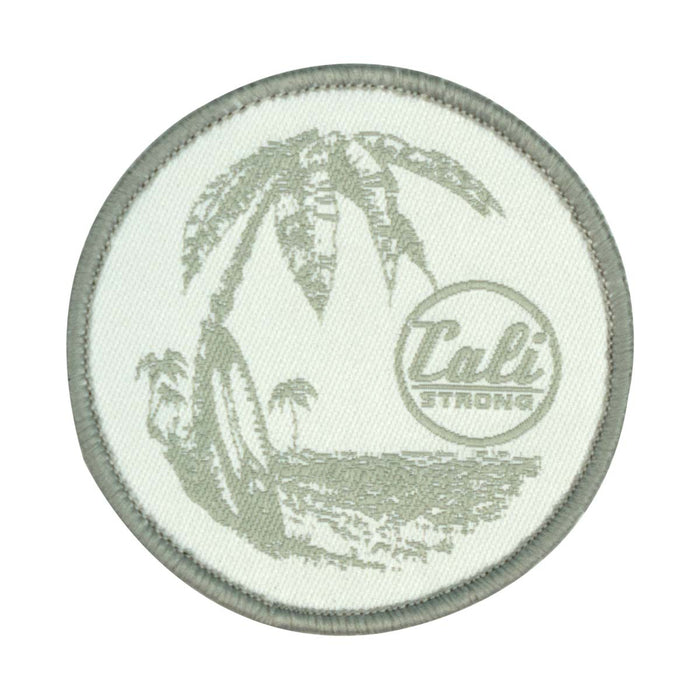 CALI Strong Palm Tree Surf Board Silver White Round Embroidered Hook-and-Loop Morale Patch - Patches - CALI Strong