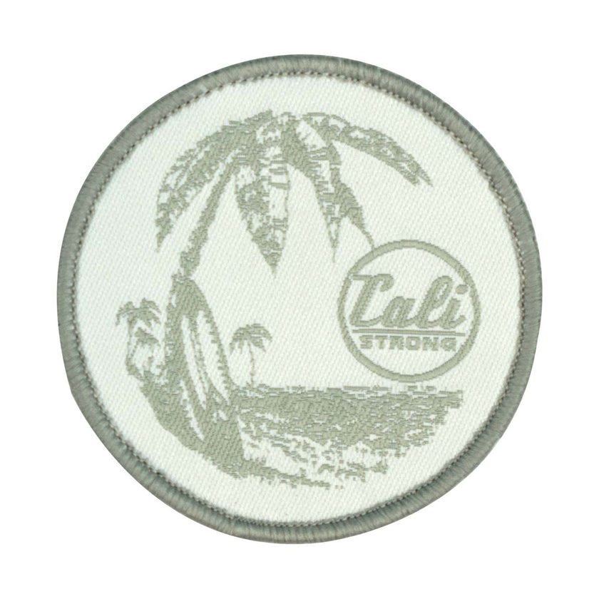 CALI Strong Palm Tree Surf Board Silver White Round Hook-and-Loop Morale Patch - Patches - Image 1 - CALI Strong